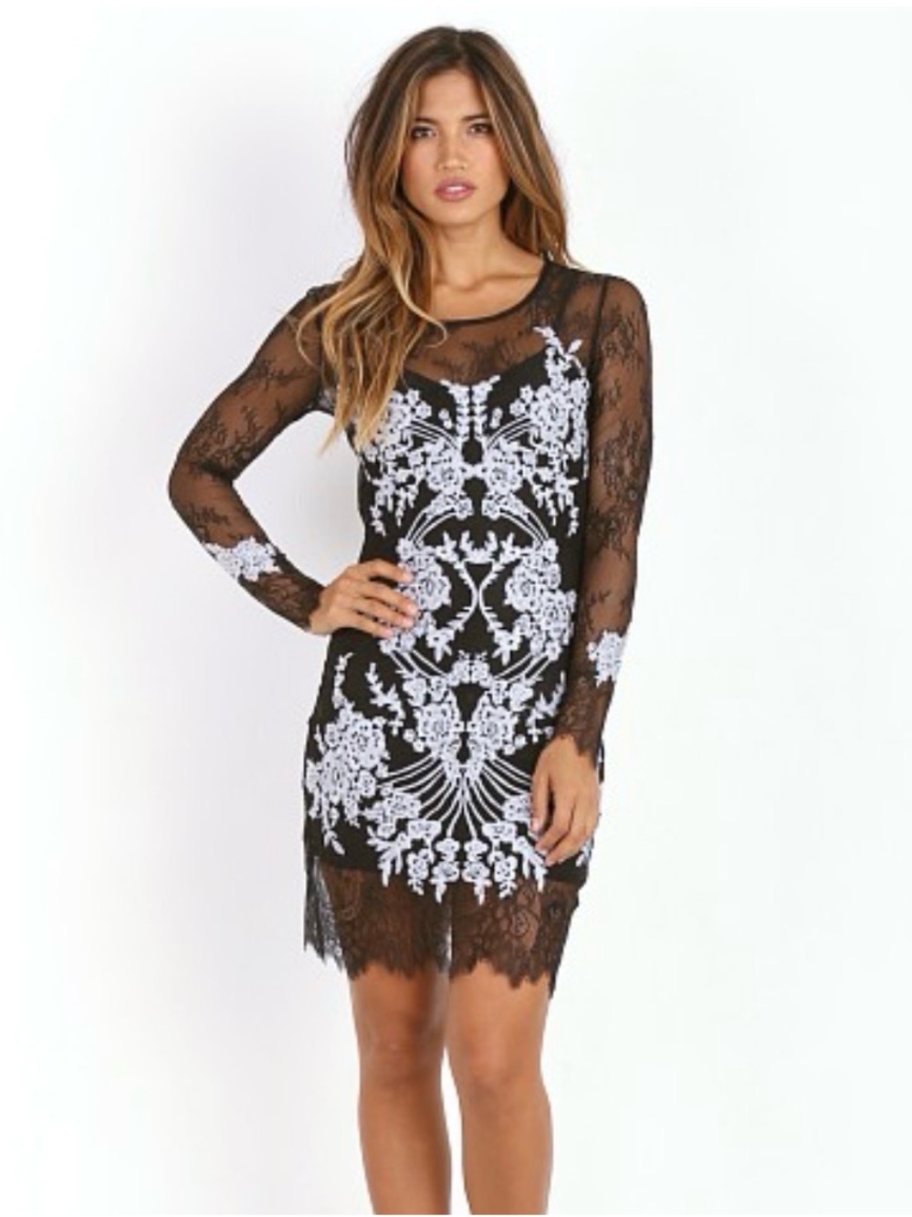 For Love And Lemons Black Lace Midi Dress with White Embroidered Motifs